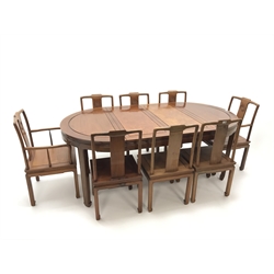  Eastern style mahogany circular extending dining table, square tapering supports on shaped feet, two leaves (W201cm, H77cm, D111cm, max measurements) and set six (4+2) dining chairs of matching design (W52cm), purchase in Hong Kong Mid 20th century  