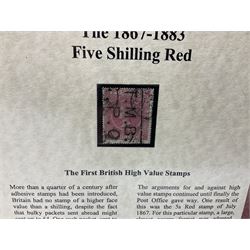 Three Westminster  stamp folders, 'The 1867-1883 Five Shilling Red', 'The World's Most Famous Stamps' including Queen Victoria 1840 penny black with red MX cancel and 1840 two pence blue, 'Victorian 1840 Mulready Stationary' (3)