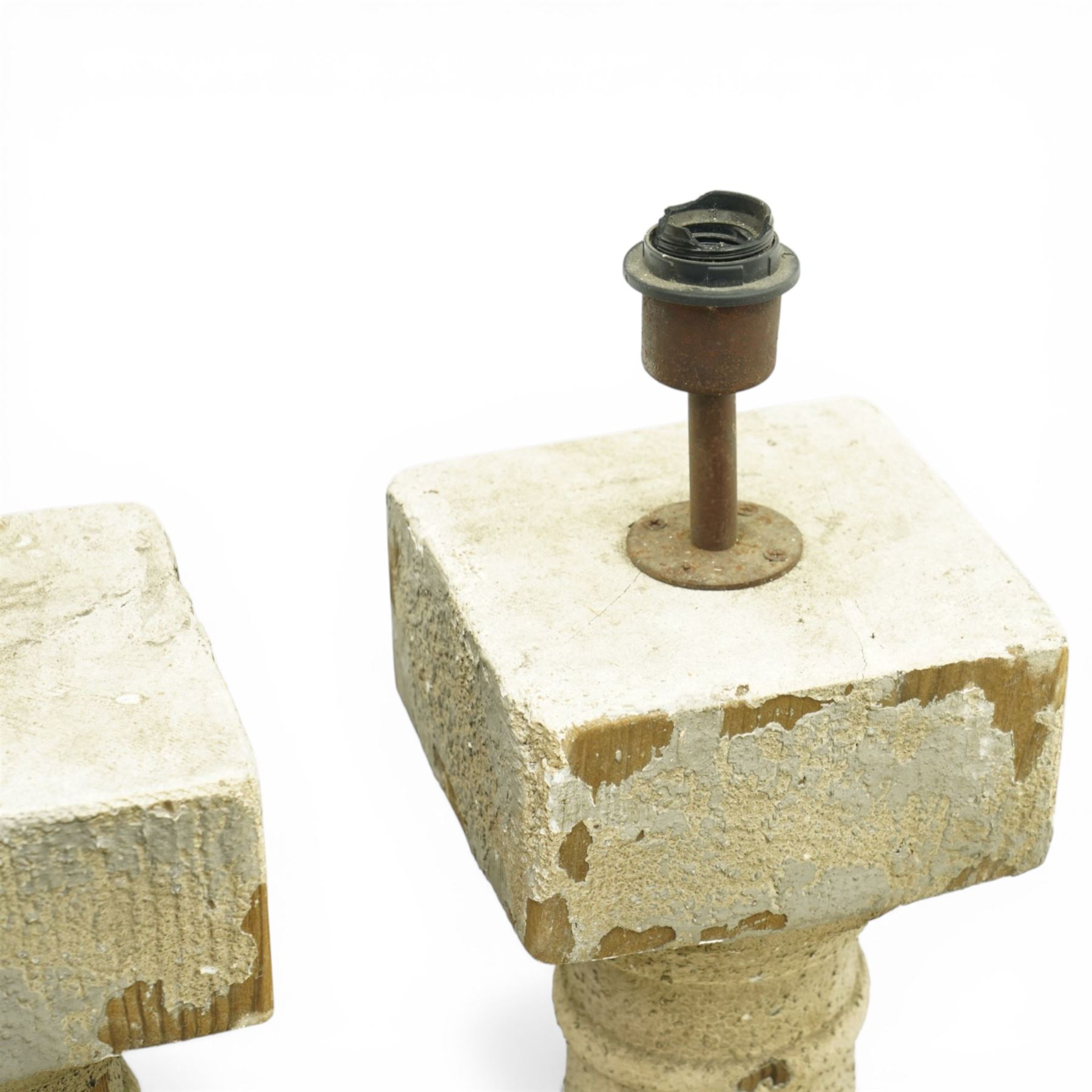 Pair of late 20th century pine table lamps, each of architectural column form, with square capital over turned baluster support and plinth base, distressed stone effect painted finish