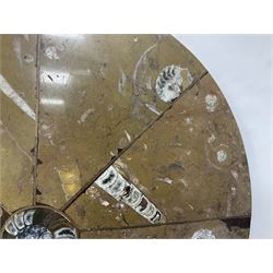 Circular limestone table top, with orthoceras and goniatite inclusions; age: Upper Devonian, location: Morocco, D45cm