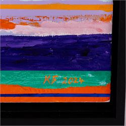 Kieron Farrow (British 1949-): 'Horizon', three oils on board signed and dated 2024, two of the same size, one slightly larger, 41cm x 30cm (3)