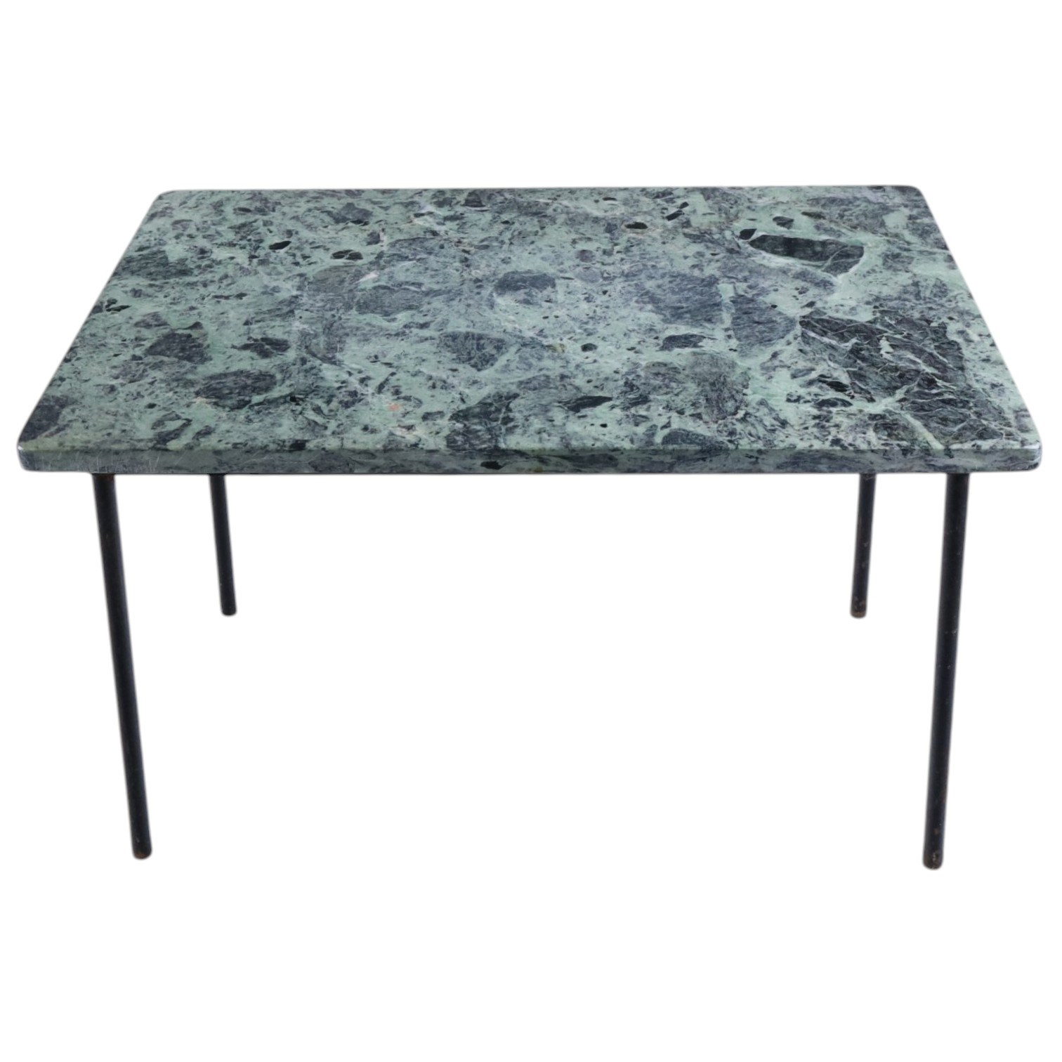 Small green marble topped occasional table, the rectangular top with dark veining raised on slender black painted metal legs, H 29cm, W 50cm