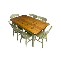 Traditional farmhouse pine dining table, rectangular top over laurel green painted frieze and turned supports, and set six matching kitchen chairs with pierced shaped splat back