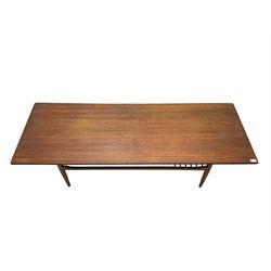 Kofod Larsen for G-Plan - mid-20th century  teak coffee table, rectangular top over spindle slatted undertier, raised on tapering supports 