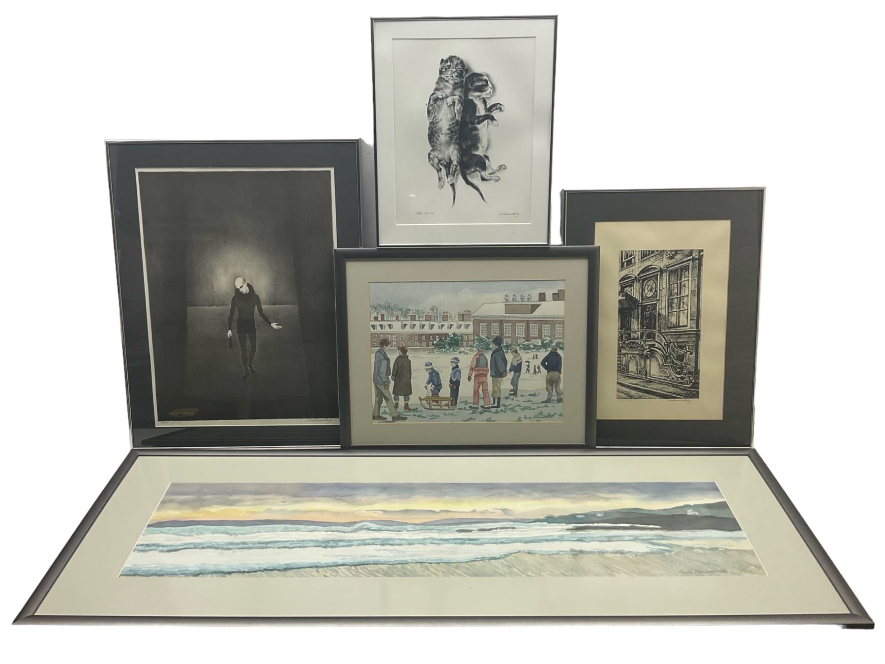 Two watercolours by Paula Robinson (British 20th Century) and three Riek Wesseling (1914-1995) lithographs signed (5)