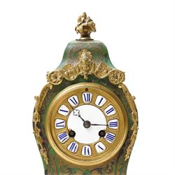Late 19th century mantel clock in stained green tortoiseshell Boulle work case with white and blue enamel dial, bell strike and gilt metal mounts on shaped supports H30cm