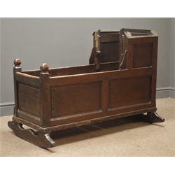  Early 18th century oak crib with canopy, fielded panelled sides, front and back, L110cm, H90cm  