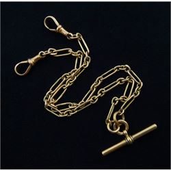 Early 20th century 9ct rose gold Albert T bar with clips, each link stamped 9.375, clips makers mark B & S, approx 19gm