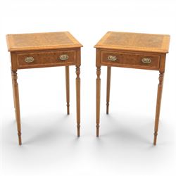 Traditional design pair of walnut lamp tables, figured top with crossbanded edge, above a ...