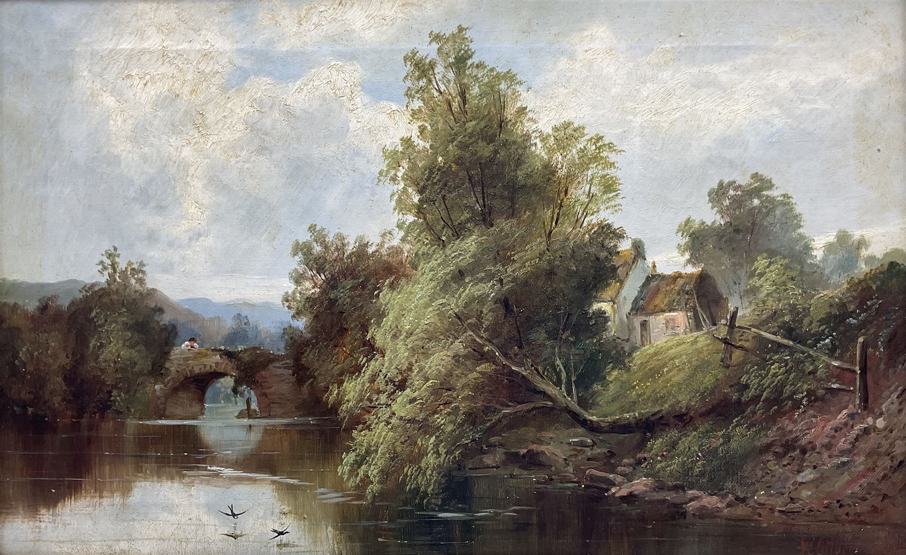William Gilbert Foster (Staithes Group 1855-1906): River Landscape with Stone Bridge, oil on canvas signed 34cm x 54cm
