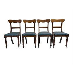 Set four Victorian mahogany dining chairs, shaped cresting rail over centre rail, seat upholstered in blue patterned fabric, raised on turned supports