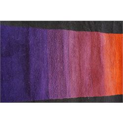 Contemporary wool runner rug, the field in a vibrant vibrant sunset-to-purple gradient with a wide dark indigo guard band