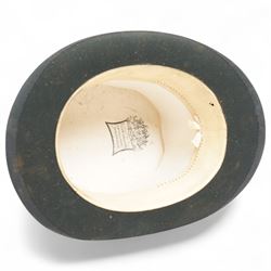 Black top hat by TB & W Cockayne in leather hat box 