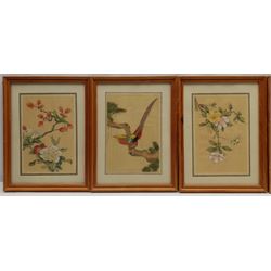 Chinese School (20th century): Birds and Flowers, set five watercolours on silk 18cm x 12cm, an etching of Tin Ghaut Whitby and a print of the same subject max 21cm x 13cm (7)