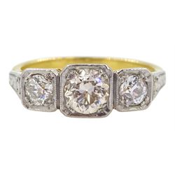 Early 20th century gold square milgrain set three stone old cut diamond ring, stamped 18ct, principal diamond approx 0.50 carat, total diamond weight approx 0.75 carat