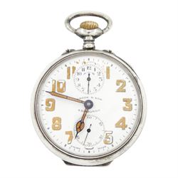 Early 20th century silver open face keyless lever alarm pocket watch by Zenith, white dial...