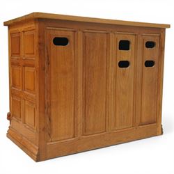  Beaverman - oak media cabinet, rectangular top with interictally carved panels to the side and front doors, twin doors with Yorkshire Rose carved wooden knob, enclosing a staggered shelf arrangement above two drawers, raised on a moulded plinth base, with carved beaver signature, by Colin Almack of Sutton near Thirsk