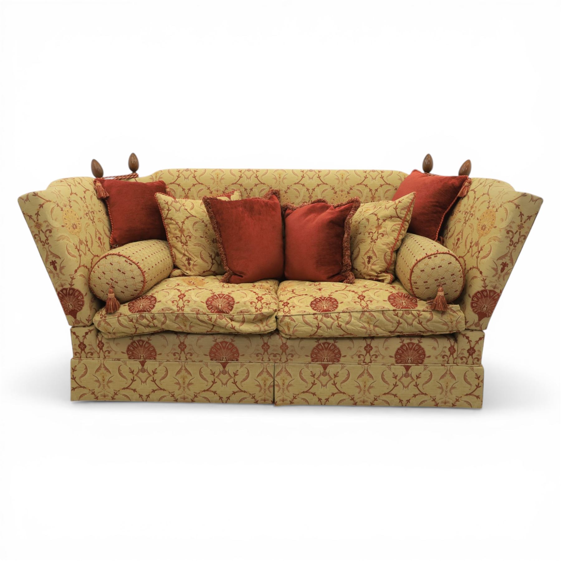 David Grundy - Medium Knoll style drop-arm settee in patterned fabric with eight associated scatter and bolster cushions