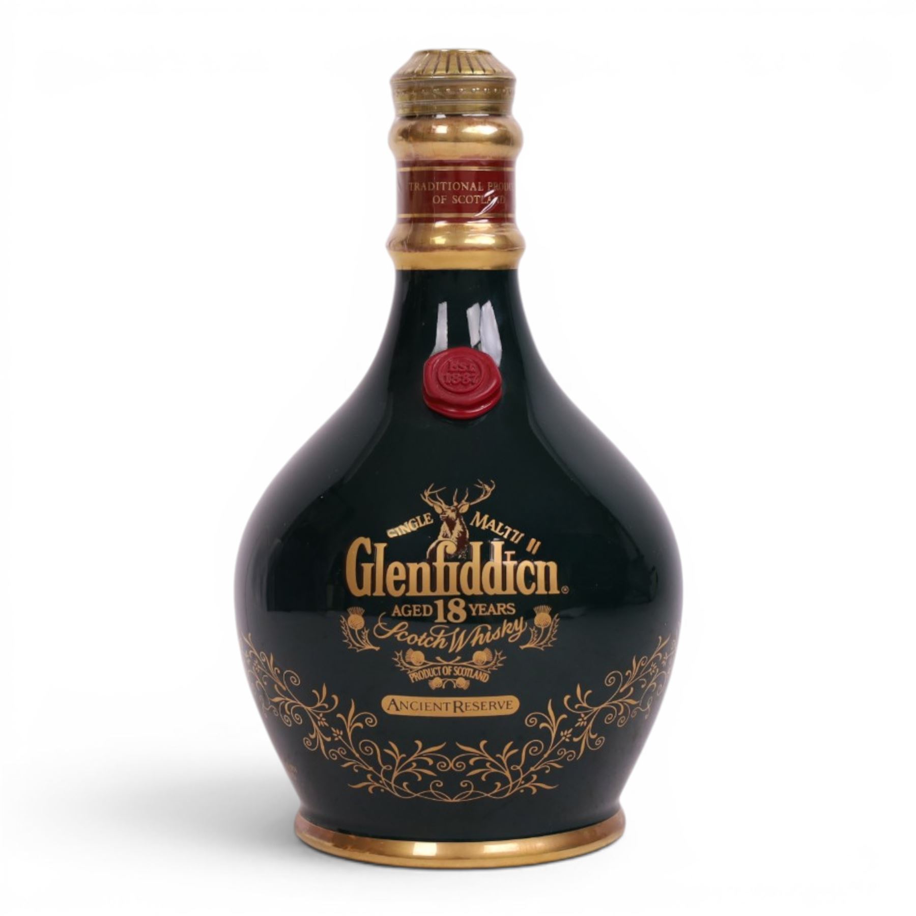 Glenfiddich, 18 year old, Ancient reserve scotch whisky, 43% vol 700ml, in green ceramic decanter