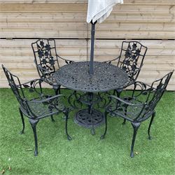 Victorian design - cast aluminium circular garden table, four chairs and parasol with base - THIS LOT IS TO BE COLLECTED BY APPOINTMENT FROM DUGGLEBY STORAGE, GREAT HILL, EASTFIELD, SCARBOROUGH, YO11 3TX