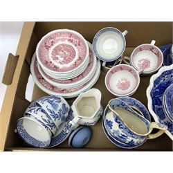 Large Spode footed bowl decorated in the Italian pattern, with blue mark beneath, late 18th/early 19th century pearlware blue and white pickle dish, Adams tea and dinner wares in the English Scenic pattern, to include bowls, teacups and saucers, side plates etc, together with Wood & Sons Yuan pattern blue and white wares, Wedgwoood jasperware etc