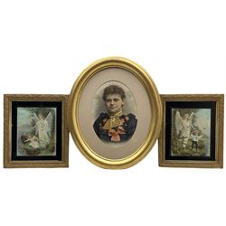 English School (19th/20th century): Portrait of a Victorian Girl, gouache painted over print in oval frame; English School (early 20th century): Guardian Angels, pair chromolithographs in verre églomisé frames max 36cm x 26cm (3)
