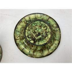 Victorian Majolica cheese dome and dish, decorated with a band of stiff leaf pattern in the Whieldon type pallet, H30cm