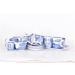 Spode Italian pattern tea service, comprising teapot, milk jug, open sucrier, six cups and saucers, two coffee cans and saucers, six dessert plates, four mugs and a sandwich plate (30) 