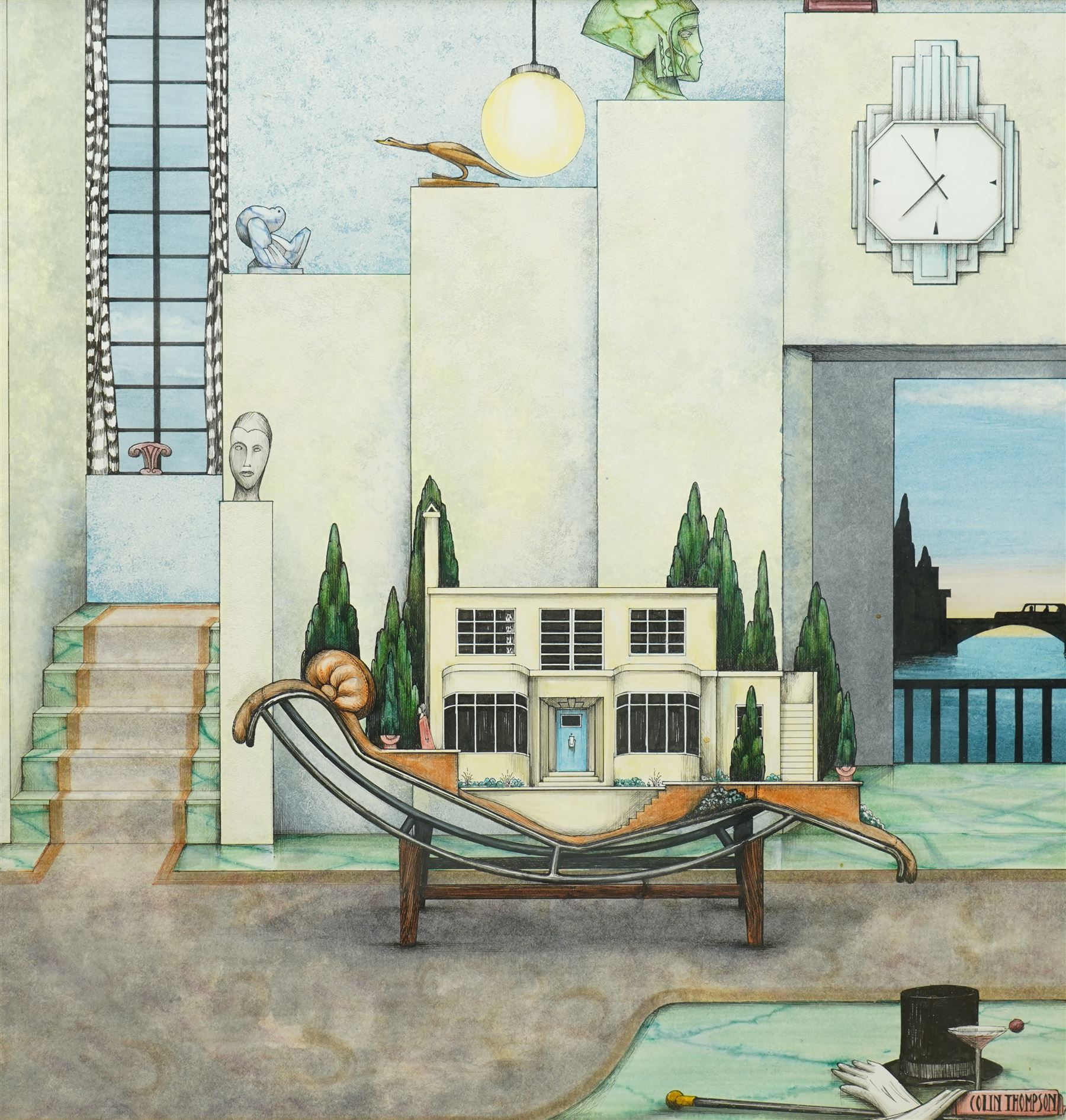 Colin Thompson (British/Australian 1942-): Art Deco Home Illustration, ink and watercolour signed 39cm x 37cm Notes: Featured in Thompson's the 'Pictures of Home' book, commissioned by Leeds Permanent Building Society, page 22.