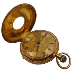 Victorian 18ct gold half hunter ladies keyless pocket watch by G E Searle & Son, Plymouth, No. 45189, gilt dial with Roman numerals, case engraved and engine turned with flower and scroll decoration with central cartouche, case by Philip Woodman & Sons, London 1886