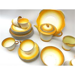 A Shelley Art Deco tea service, decorated in pattern no W12405, with bands of grey, orange and yellow, comprising teapot, open sucrier, milk jug, cake plate, six teacups, six saucers, six side plates, and six dessert plates. 