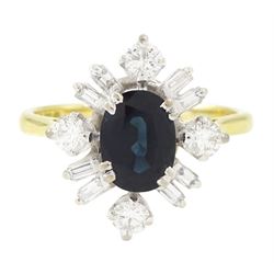 18ct gold sapphire and diamond cluster ring, single oval cut sapphire of approx 1.65 carat...