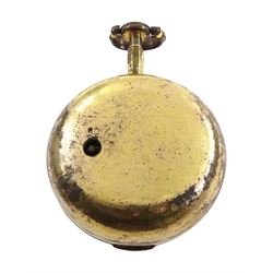 18th century gilt pair cased verge fusee pocket watch by Robert Hyland, London, No. 13345, round baluster pillars, pierced and engraved balance cock, white enamel dial with Roman hours and outer Arabic minute ring, beetle and poker hands, the outer tortoiseshell case with pique work borders