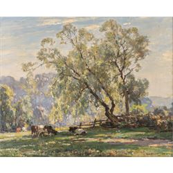 Owen Bowen (Staithes Group 1873-1967): Cattle Resting in Summer Shade, oil on canvas signed and dated '24, 42cm x 52cm