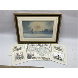 W. Marshall (20th century) - Town Dock Hull; watercolour; gilt frame; two Amy Johnson enamelled brooches as aircraft and Amy Johnson medallion; and quantity of books and booklets of Hull interest