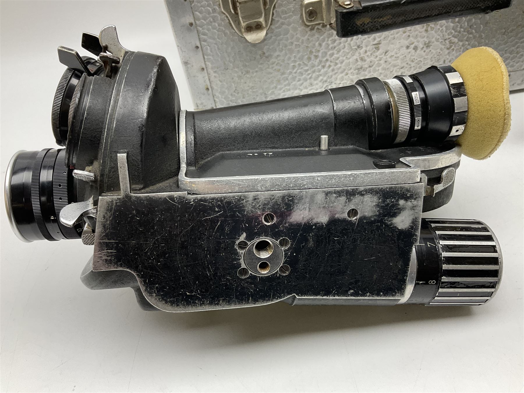 Arriflex 16SB camera body, serial no. 1784, with ' Carl Zeiss Distagon 1:2 f=8mm' lens, serial number 3860224, 'Carl Zeiss Jean Tessar 2/16' lens, serial no 3624355, camera pistol grip and other accessories, in fitted hard case