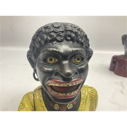 Three early 20th century cast-iron mechanical money banks as a family group comprising mother 'Dinah' patented 1911, father 'Jolly Man' patented 1902 and son 'Little Joe' patented 1910 by John Harper & Co; all with the same hand-to-mouth action; parents H16cm (3)