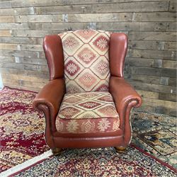 Tetrad Eastwood Wingback Leather Kilim Armchairs Brown with footstool,