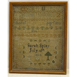  George III sampler by Sarah Splay, July 12th 1804 worked with the alphabet, trees & floral motif, 19cm x 24cm  