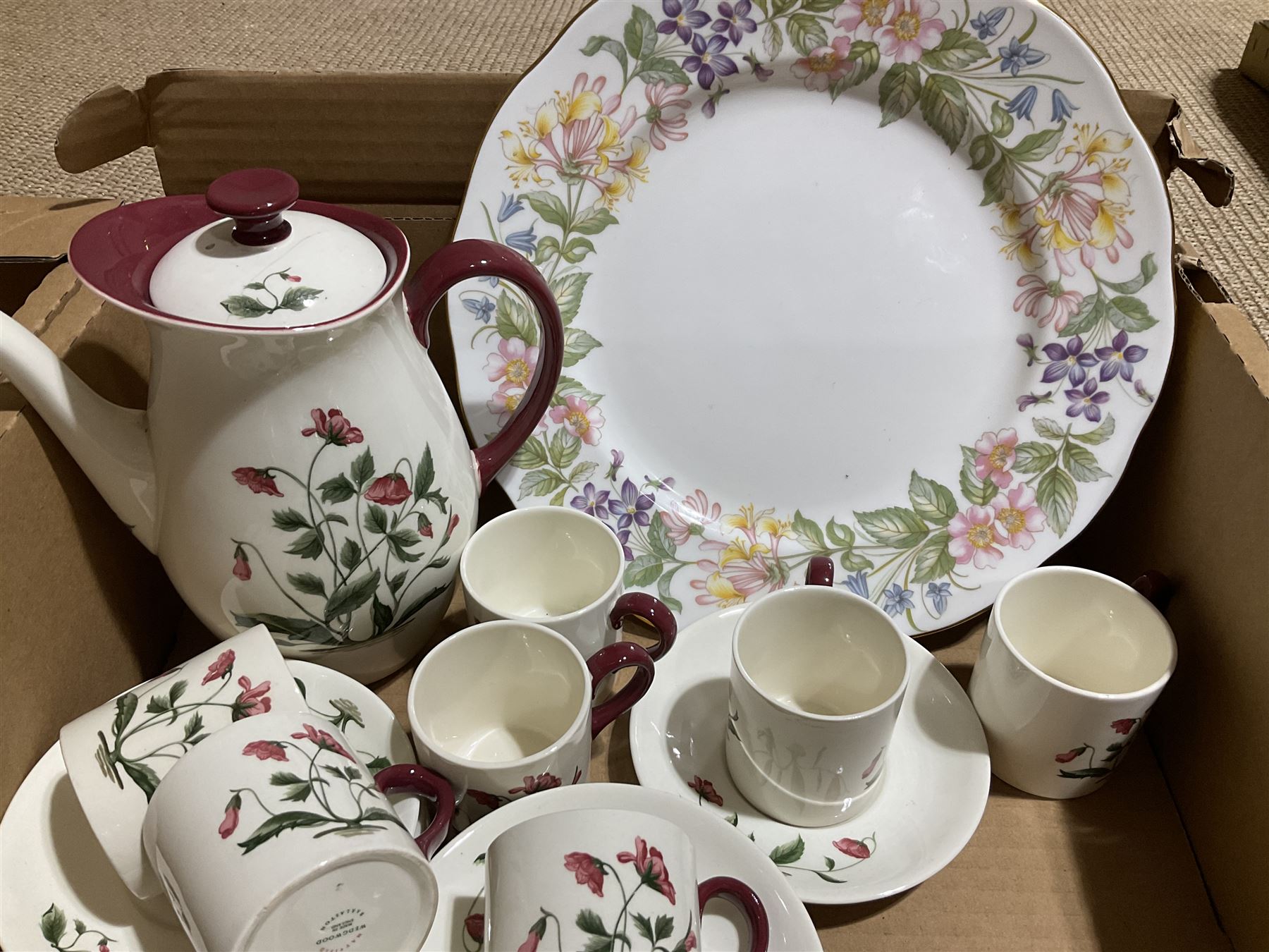 Paragon tea wares decorated in the 'Country Lane' pattern, Plant Tuscan tea set for nine, the pink ground with flower and gilt decoration, Wedgwood 'Mayfield' coffee wares etc in two boxes
