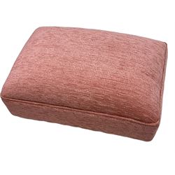 Victorian design armchair, rolled back and arms, upholstered in salmon pink fabric with two scatter cushions (W77cm, H82cm, D94cm); matching rectangular footstool (60cm x 41cm, H28cm)