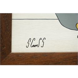 Steve Camps (Cornish 1957-): 'Burts Bathtime with Sid Looking On', oil on panel signed, dated 2024 verso 34cm x 44cm
Notes: Cornish artist Steve Camps, a retired builder turned painter in 2023, creates charming naïve-style whale paintings framed in antique finds, quickly gaining acclaim and commanding high prices through Sailors Jail Gallery in Falmouth