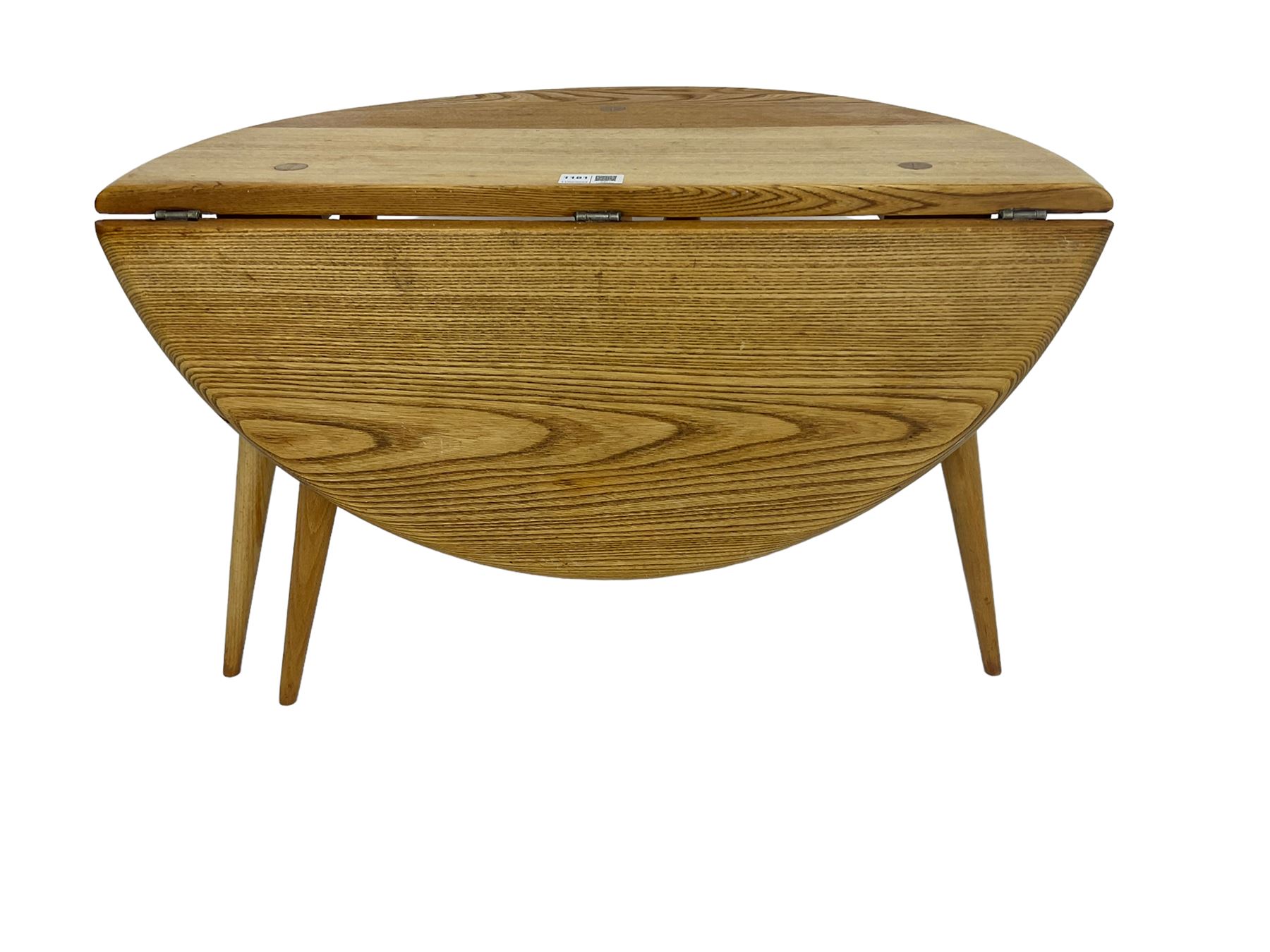 Ercol - elm and beech '308 Folding Occasional Table', circular top with gate-leg and splayed tapering supports