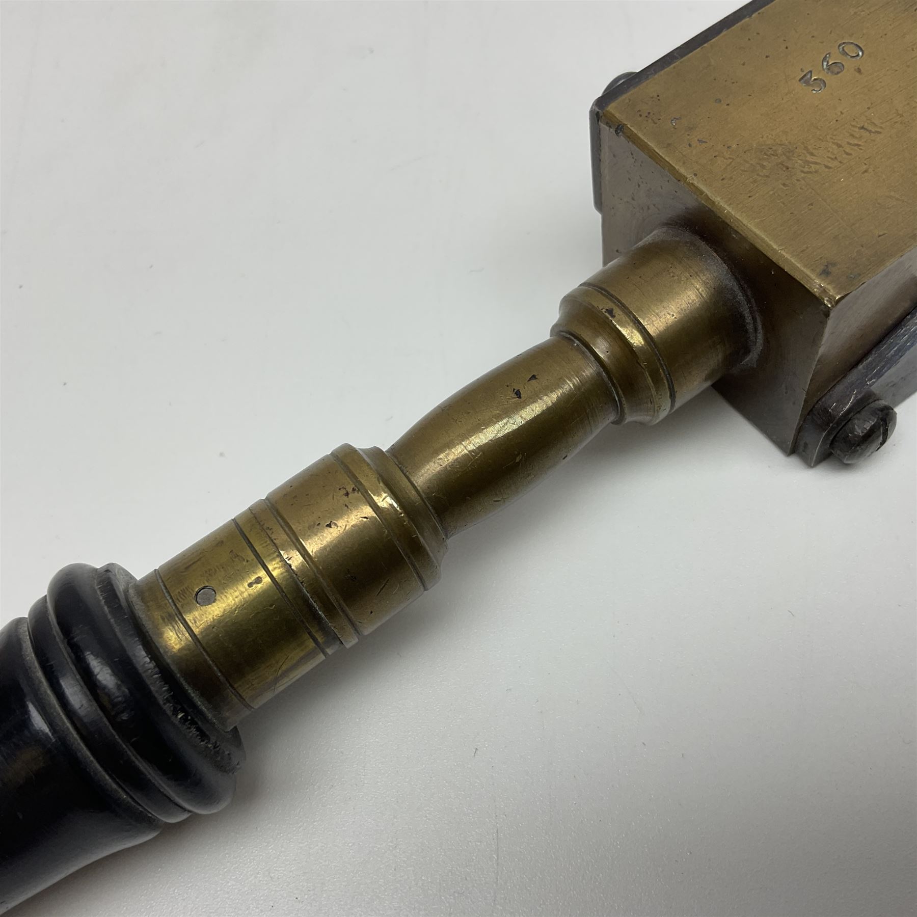 Late 19th/early 20th century brass 360 Express bullet mould for rifles, probably 360 x 2.25, with ebonised turned wooden handle L28cm