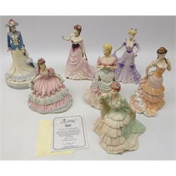  Six Coalport Age of Elegance figurines, one with certificate and Turn of the Century figure Henley Royal Regatta with certificate (7)  
