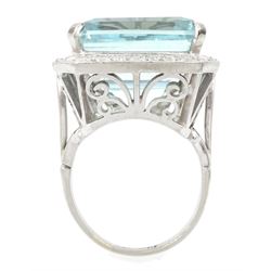 White gold square cut aquamarine and single cut diamond cluster ring, with fancy openwork gallery, aquamarine approx 26.45 carat, total diamond weight approx 0.75 carat