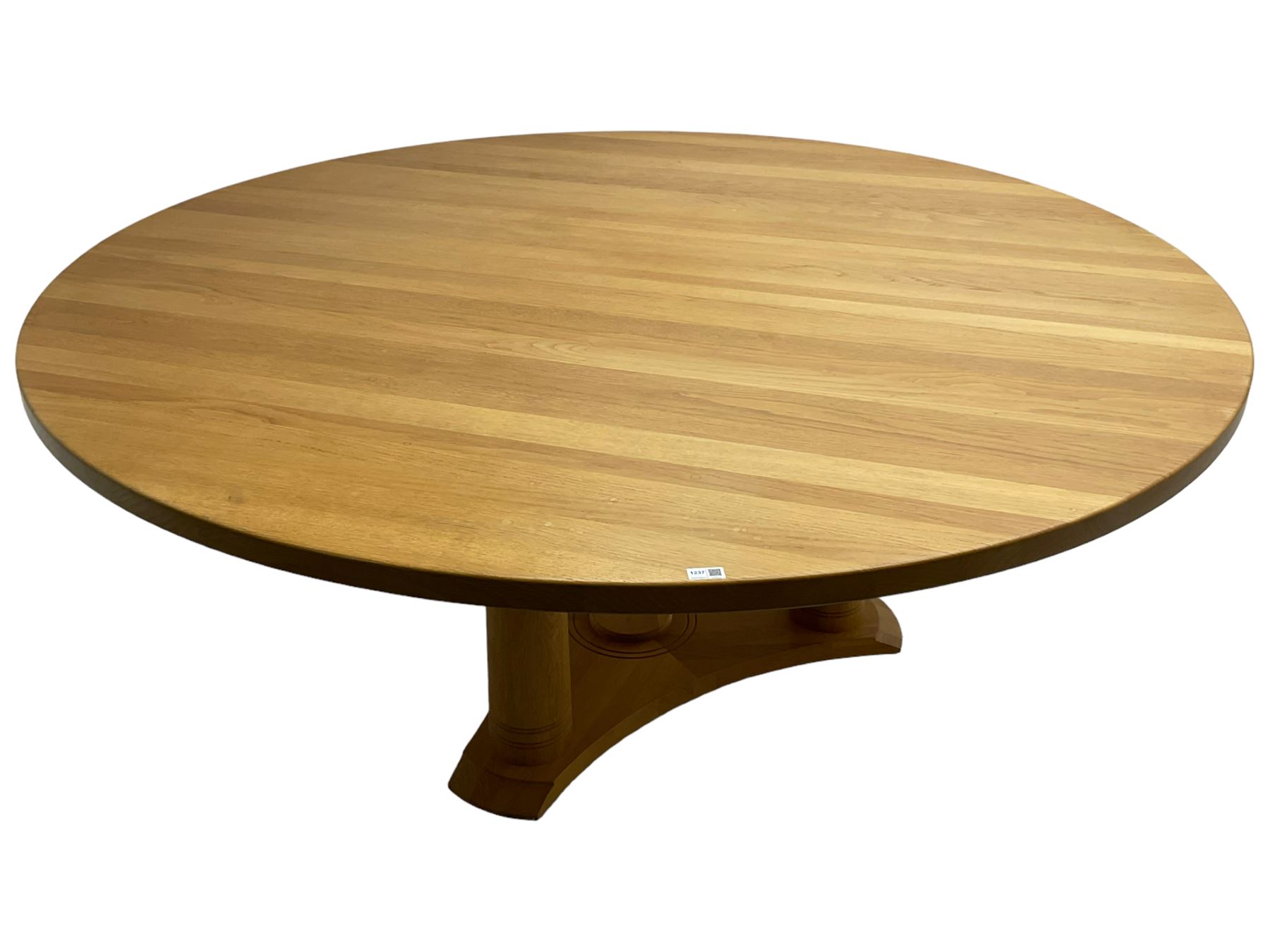 Chris Berry for Berrydesign - contemporary bespoke solid light oak dining table, circular top over ring turned triple pedestal with triform base