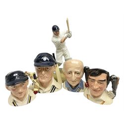 Royal Doulton limited edition figure of Geoffrey Boycott O.B.E, HN3890, no 253/8114, together with four Royal Doulton limited edition character jugs of cricket interest, comprising The Hampshire Cricketer D 6739, no 3903/5000, Freddie Trueman O.B.E, D 7090, no 502/9500, Brian Johnners Johnston, D 7018, no 1281/9500 and Len Hutton D 6945 no 263/9500, four with certificates, one with box