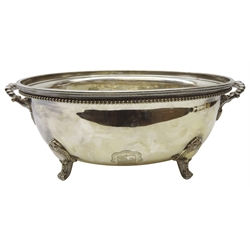  Large Victorian Elkington plate oval meat dish cover, converted to a wine cooler, with beaded borders and handles, with engraved coat of arms, L48cm   