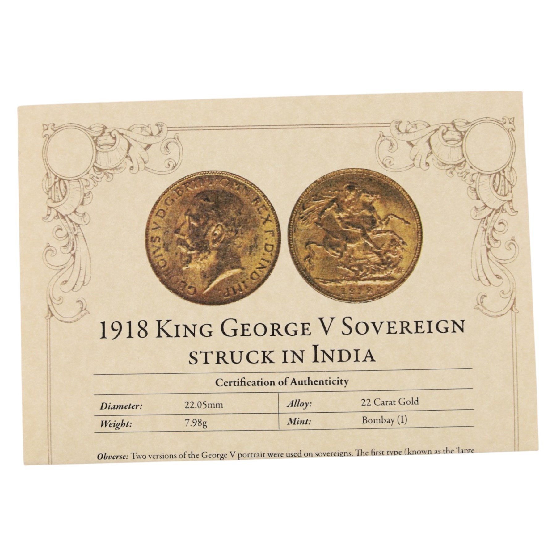 King George V 1918 gold full sovereign coin, Bombay mint, in London Mint Office case